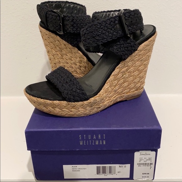 Stuart Weitzman Alex Nero Crochet Wedges - 7 - Picture 1 of 14